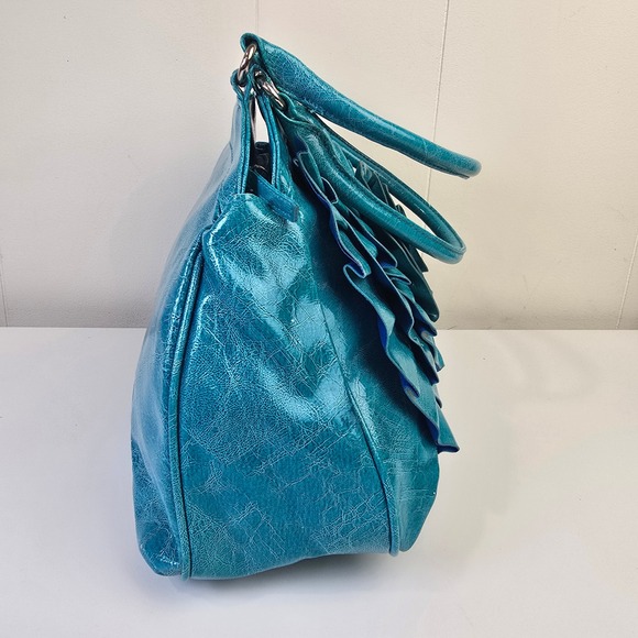 Chateau Turquoise Blue Faux Leather 3D Rose Ruffle Whimsical Handbag Purse - Picture 5 of 10